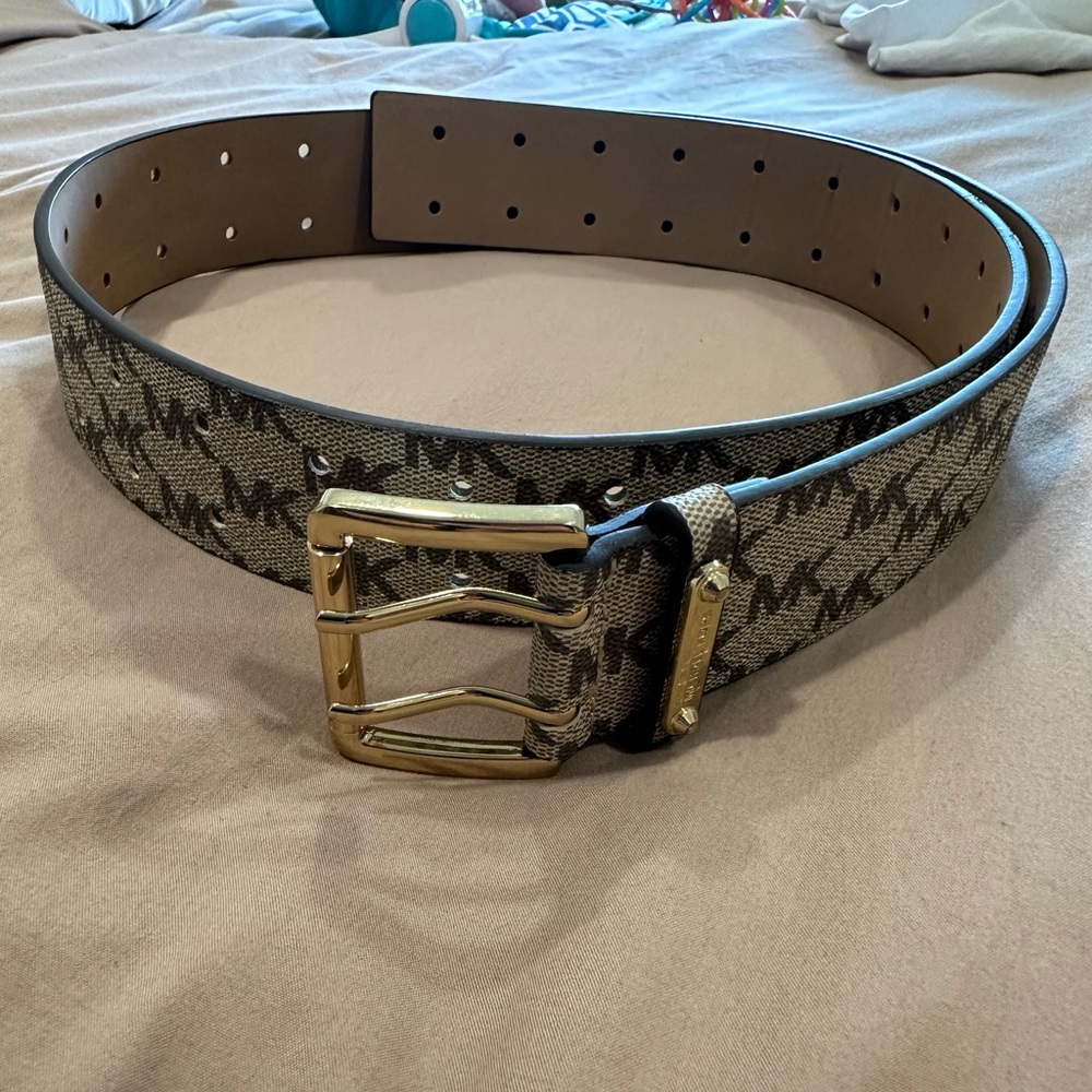 Women’s Michael Kors Signature Patterned Belt with Gold Buckle